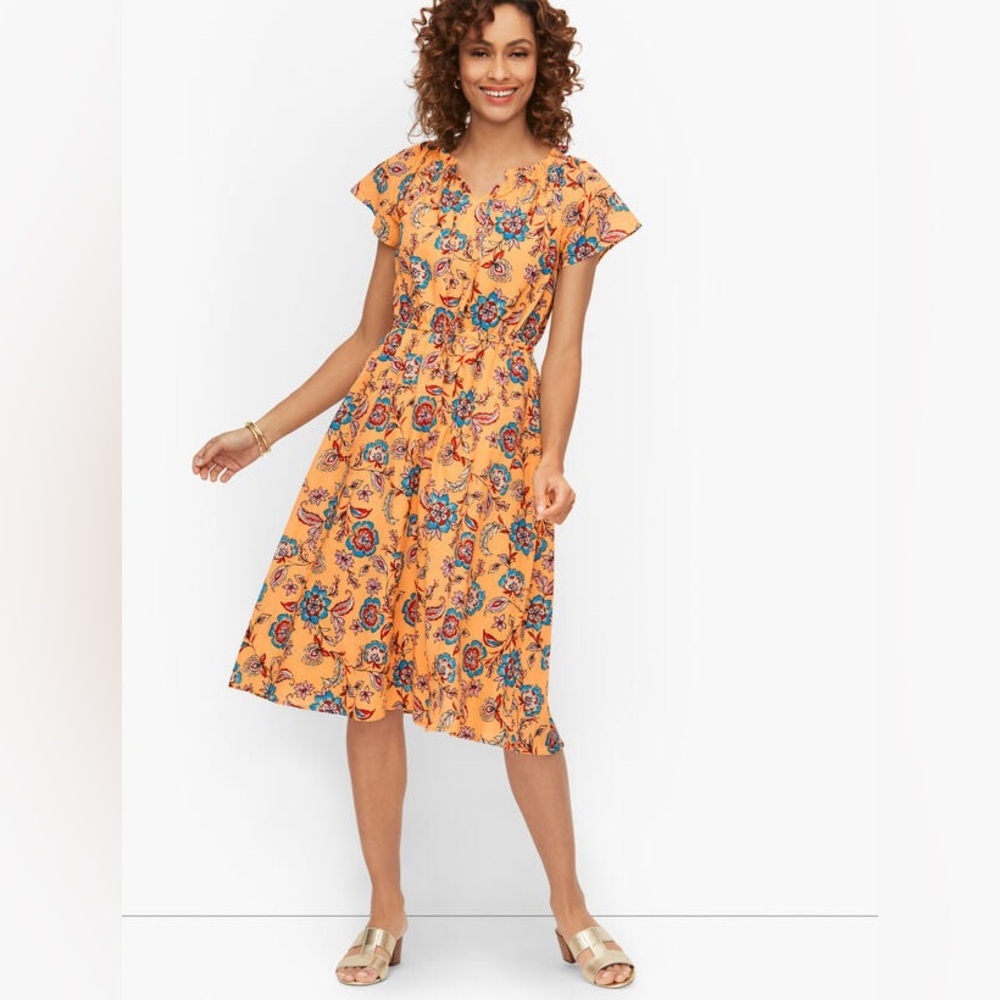 Talbots SMOCKED FIT & FLARE DRESS 6 CLIMBING FLORAL Orange Pink Blue Spring
